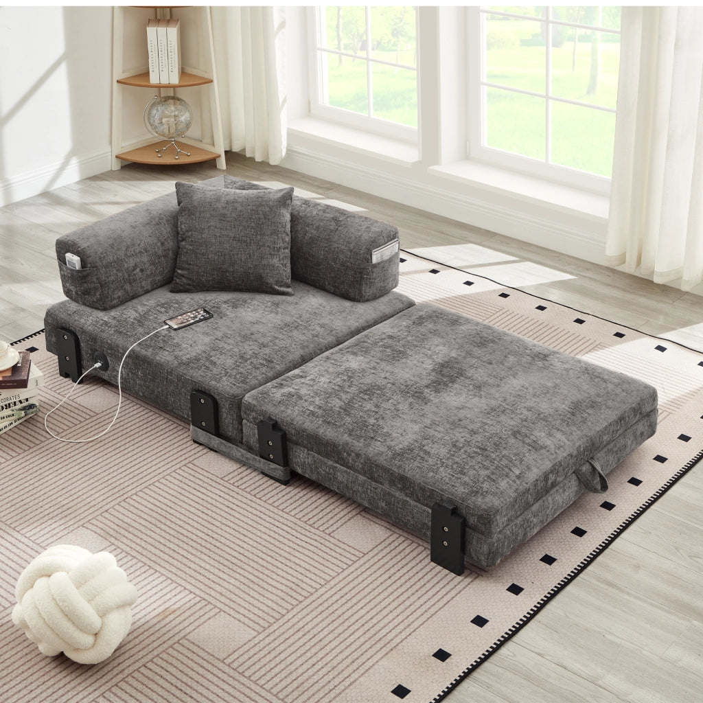 Divano letto pieghevole 2 in 1 con funzione letto porte USB e Type-C tasche laterali e box contenitore in tessuto dark grey