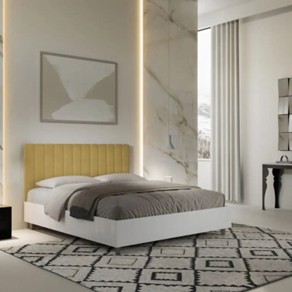 Letto matrimoniale senza rete 160x200 bianco frassino testata microfibra ocra Kaia