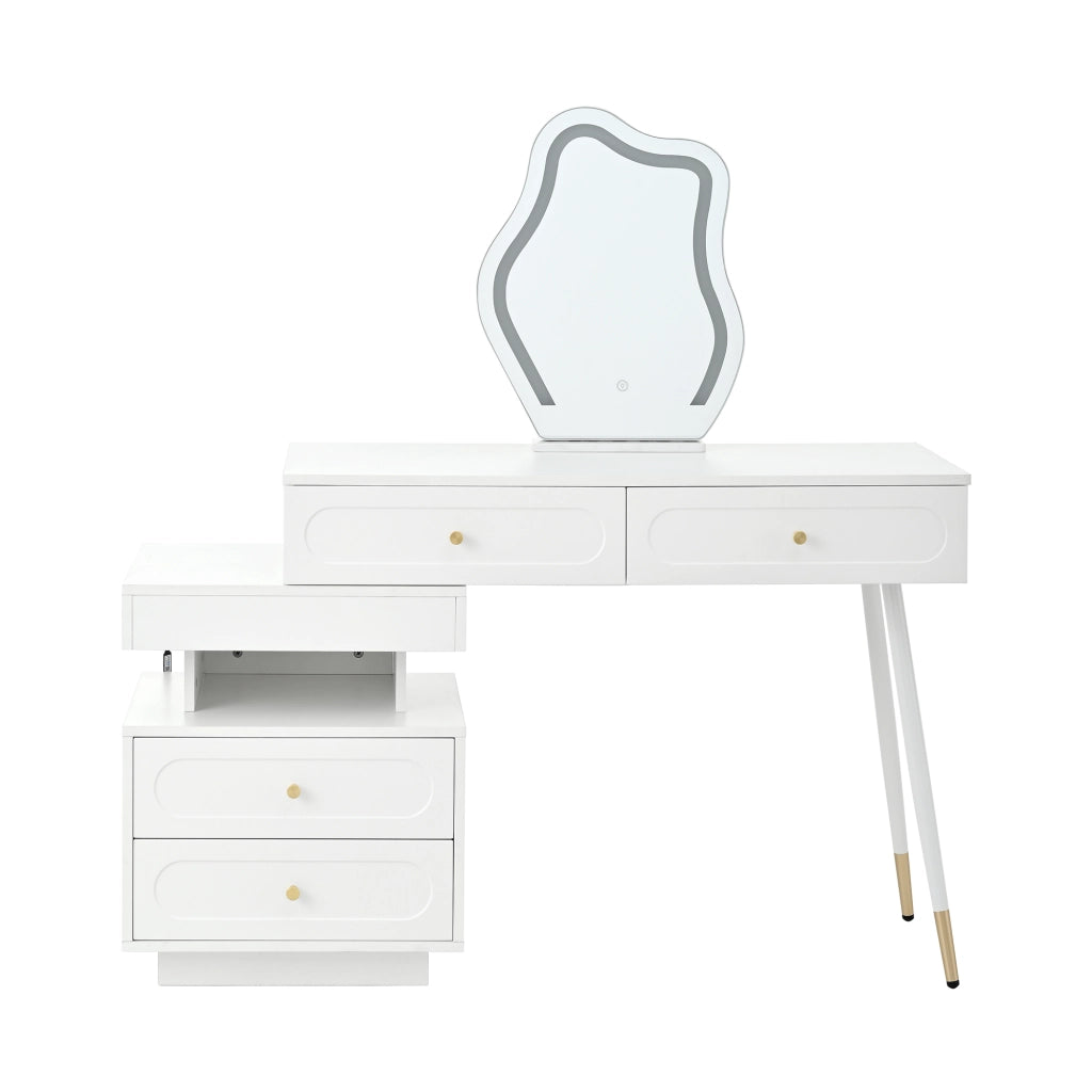 Tavolo da trucco con specchio LED, 4 cassetti e vano aperto, design salvaspazio per camera da letto, bianco, 140¡Á40¡Á130 cm