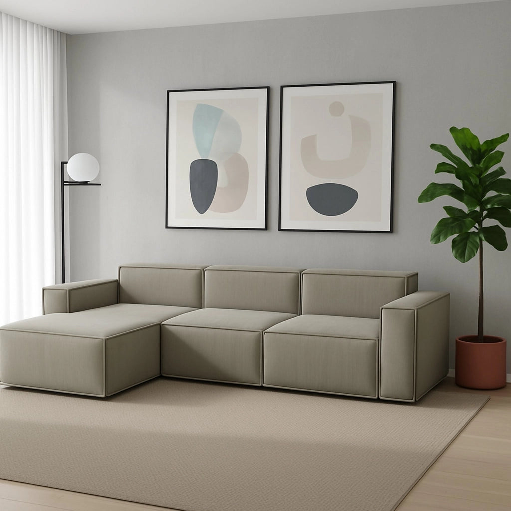Divano fisso Alganibra, Divano componibile a 3 posti con penisola sinistra, Made in Italy, SofÒ  moderno in tessuto, Cm 300x170h70, Tortora