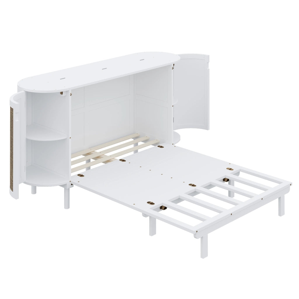 Wall Bed;140x200 cm;featuring storage;rattan design;slatted frame;white