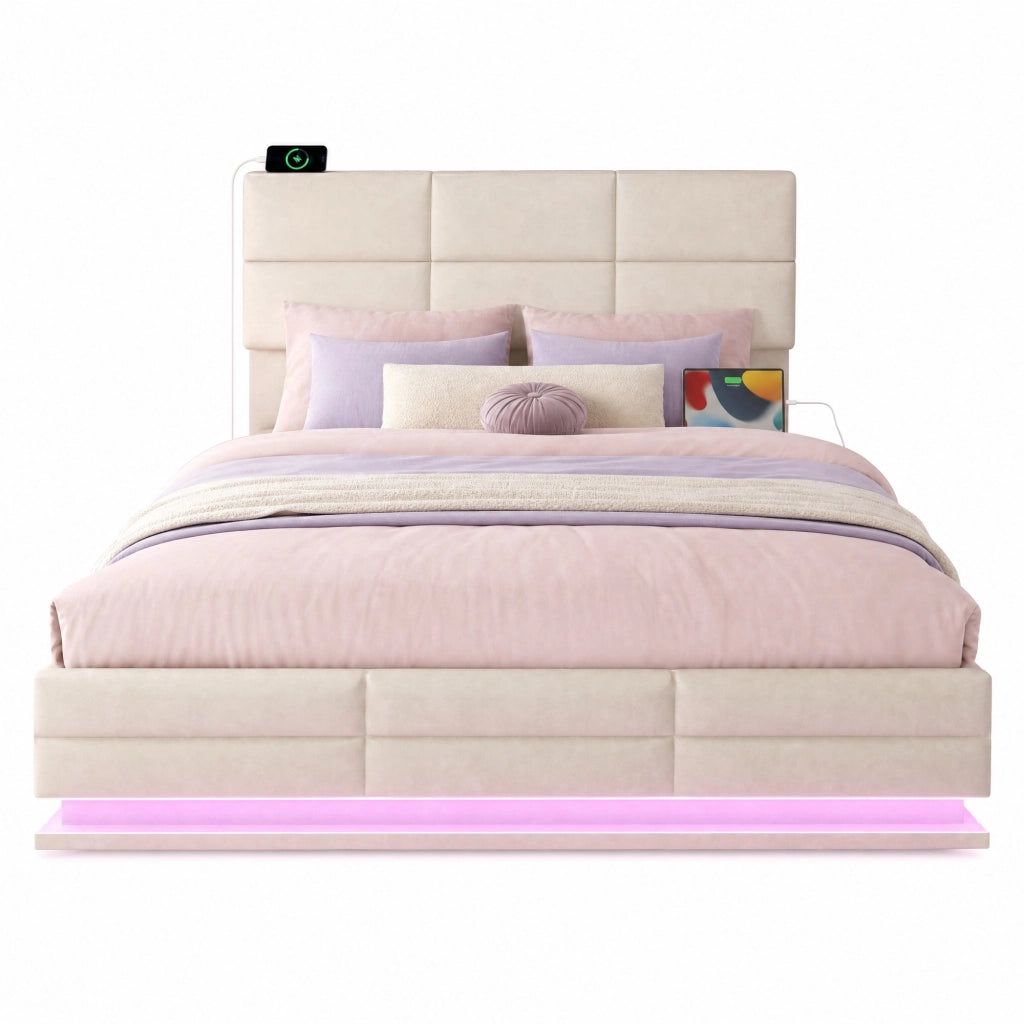 Letto matrimoniale 140x200 cm in velluto beige con testiera regolabile; LED e USB