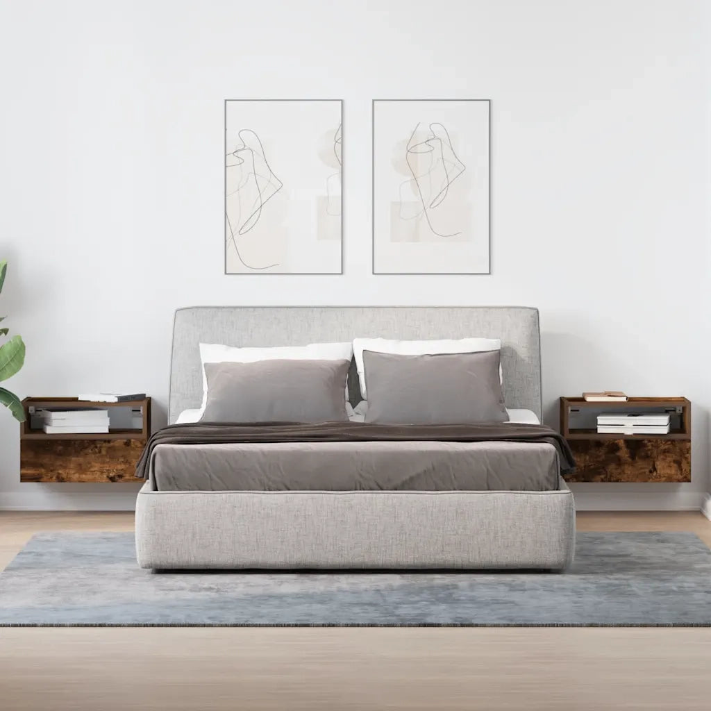 Set di 2 Comodini | Armadio da Notte | Mobiletto da notte a Muro Rovere Fumo 45x26x28,5 cm