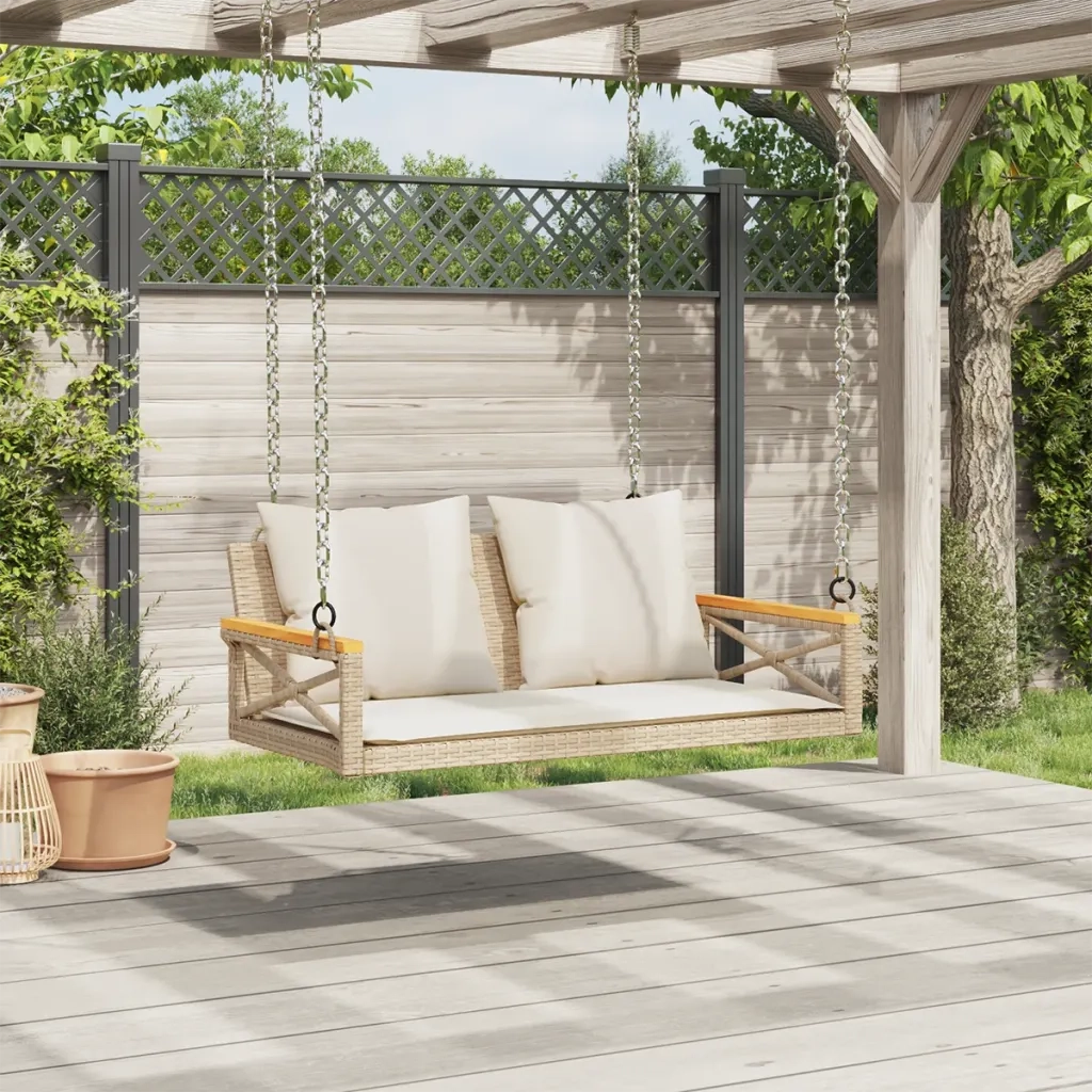Panca da Giardino | Panchina a Dondolo con Cuscini Beige 109x62x40 cm in Polyrattan