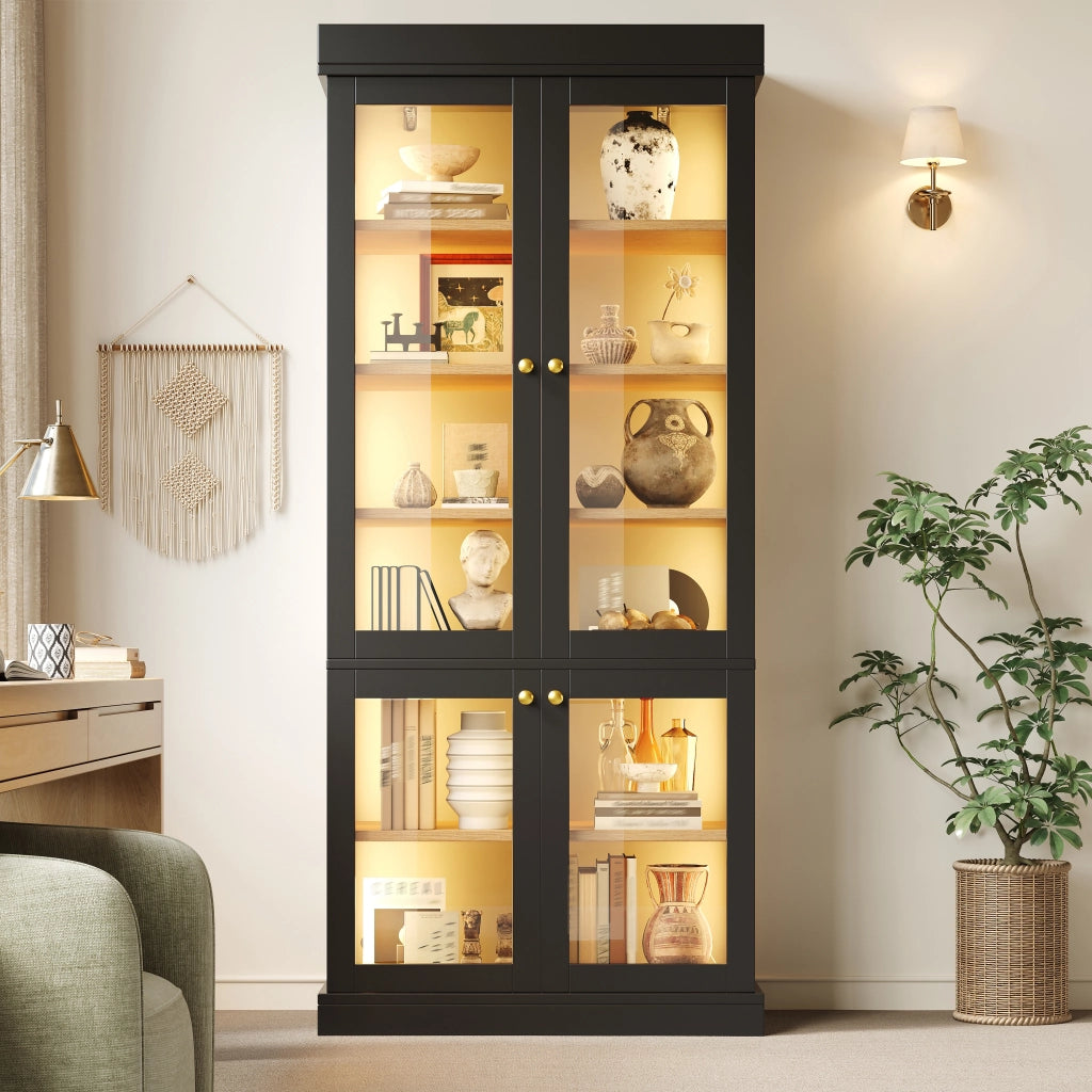 Armadio con LED; 2 dispositivi antiribaltamento; ripiani regolabili e vetrina in vetro per soggiorno; camera; 80 × 40 × 180 cm