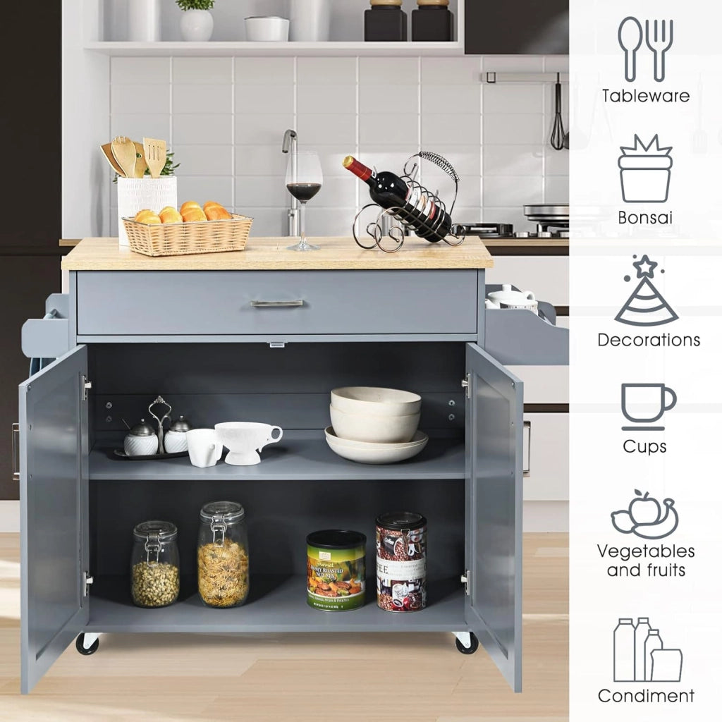Carrello da Cucina, Credenza Mobile con Cassetto, Anta Doppia, Portaspezie e Portasciugamano, Ripiani Regolabili, Ruote con Freni, Portata di 50 kg, 116x40x85 cm, 4 Colori (grigio)