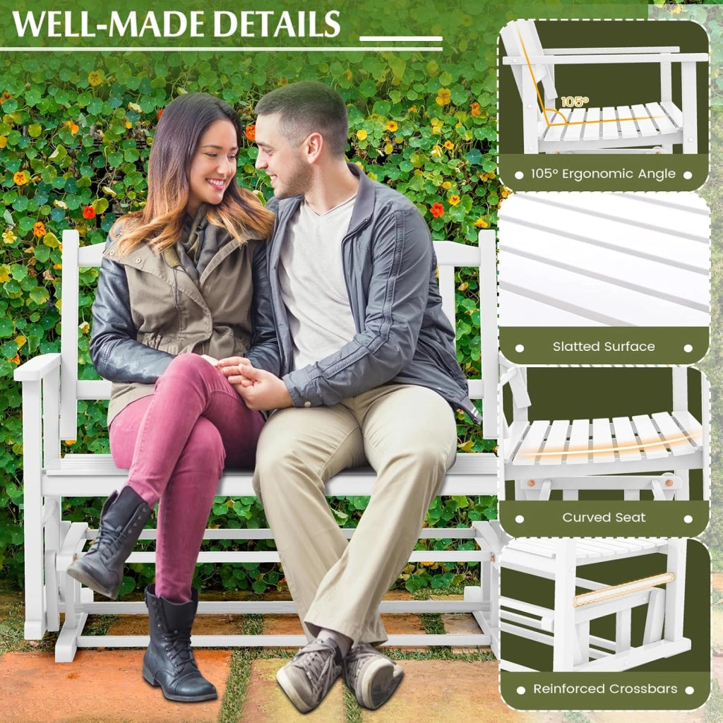 Sedia a Dondolo 2 Posti da Balcone, Panchina a Dondolo da Giradino in Legno Massello, Sedia Dondolo Ergonomica Esterno Portato 225kg con Schienale Curvo e Braccioli, 126x68x100cm, Bianco
