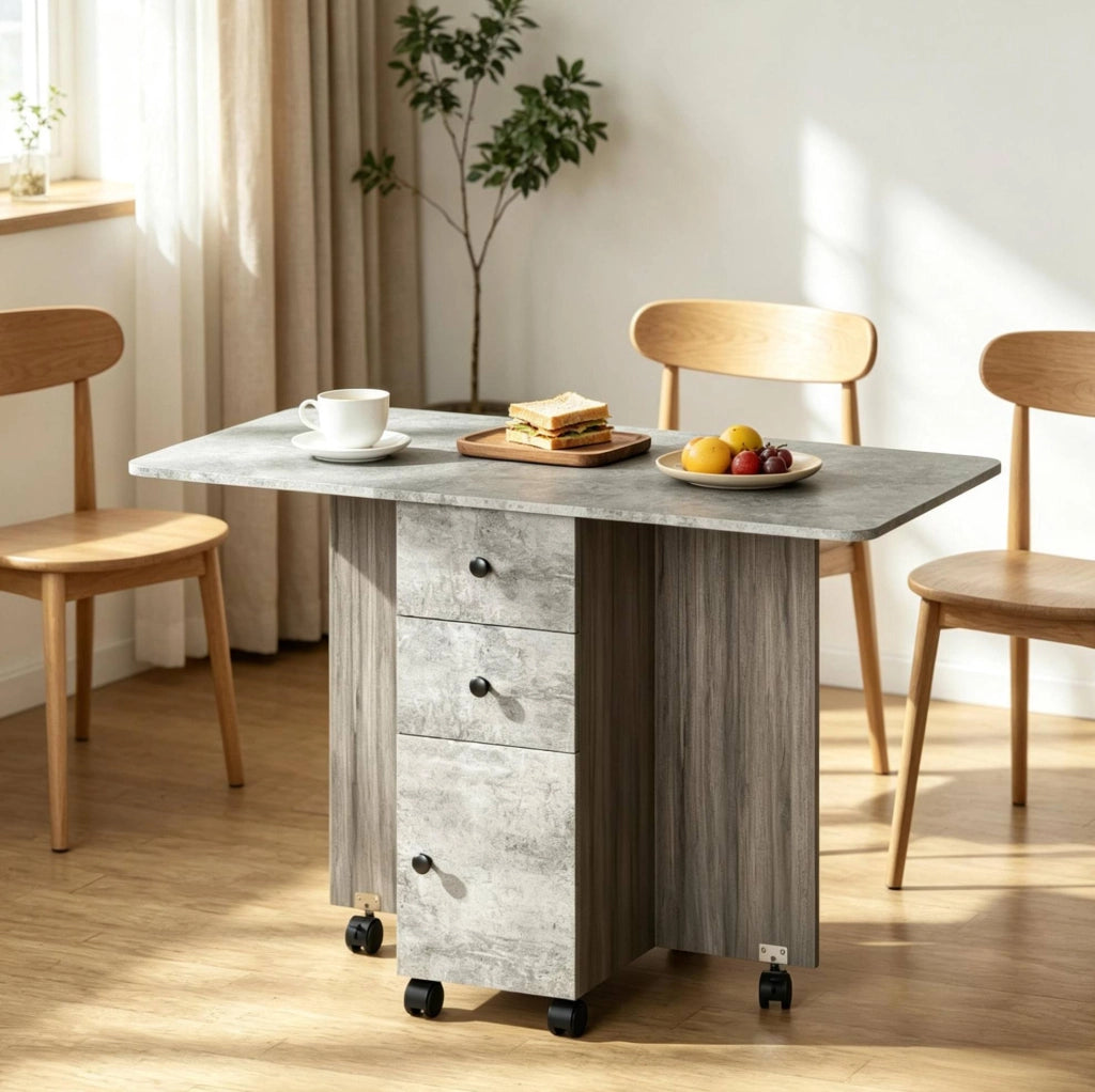 Tavolo da Pranzo Salvaspazio Grigio con 2 Ribalte, Cassetti e Ruote, Dimensioni Compatte