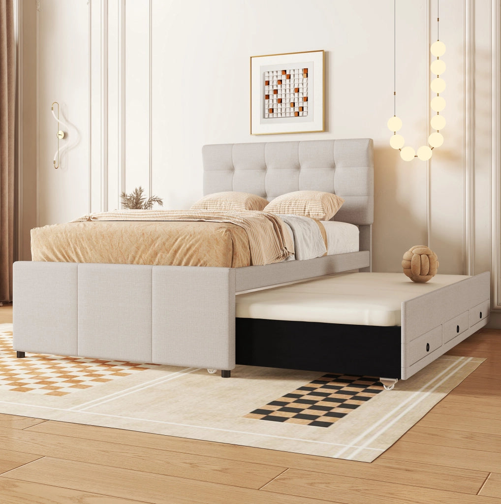 Letto imbottito con letto estraibile e 3 cassetti, beige, 90x200 cm