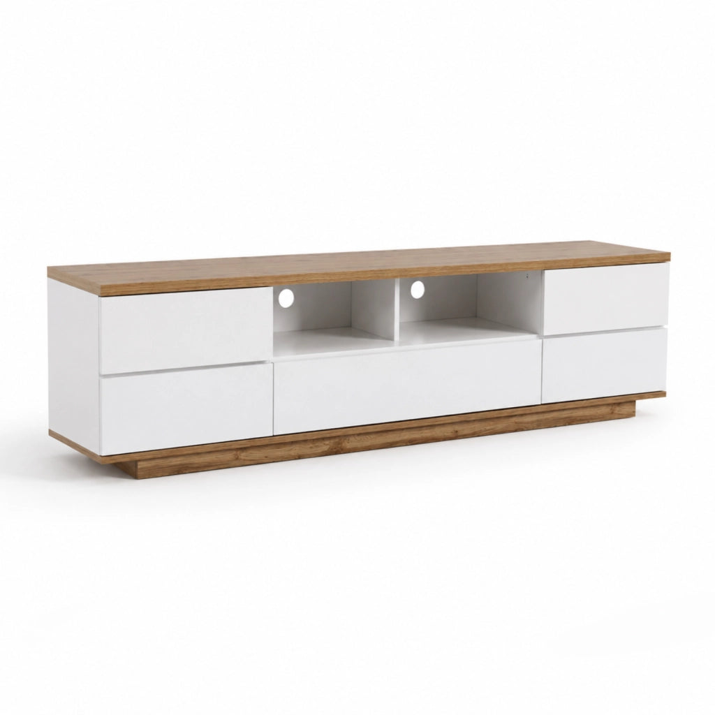 Mobile Tv Moderno Con 4 Ante 1 Anta A Ribalta 2 Vani A Giorno Con Passacavi Per Soggiorno Zona Living Salotto In MDF Resistente 180 x 38 x 46 Cm Bianco E Rovere