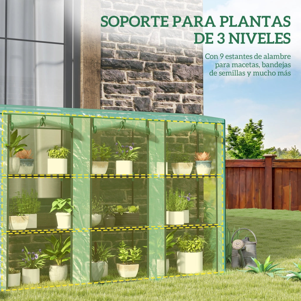 Serra da giardino 3 livelli 9 ripiani con porta a rullo ¨C zephmum ¨C 215x46x151cm verde
