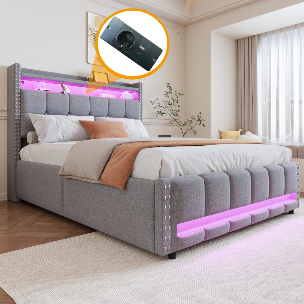 Letto contenitore matrimoniale 140×200 cm con LED; USB e testiera con ripiani; materasso senza; grigio chiaro