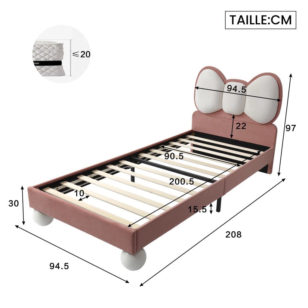 Letto per Bambini 90×200 cm; Letto Singolo con LED Regolabile e Testiera a Farfalla; senza Materasso; Velluto Rosa e Beige