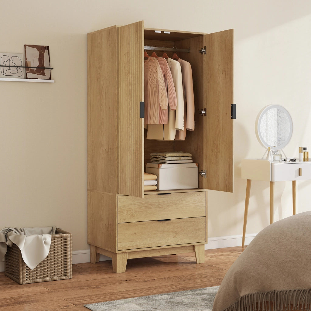 Armadio Camera da Letto con 2 Ante Scorrevoli 2 Cassetti Appendiabiti ¨C zephmum ¨C 80x50x180 Legno Naturale