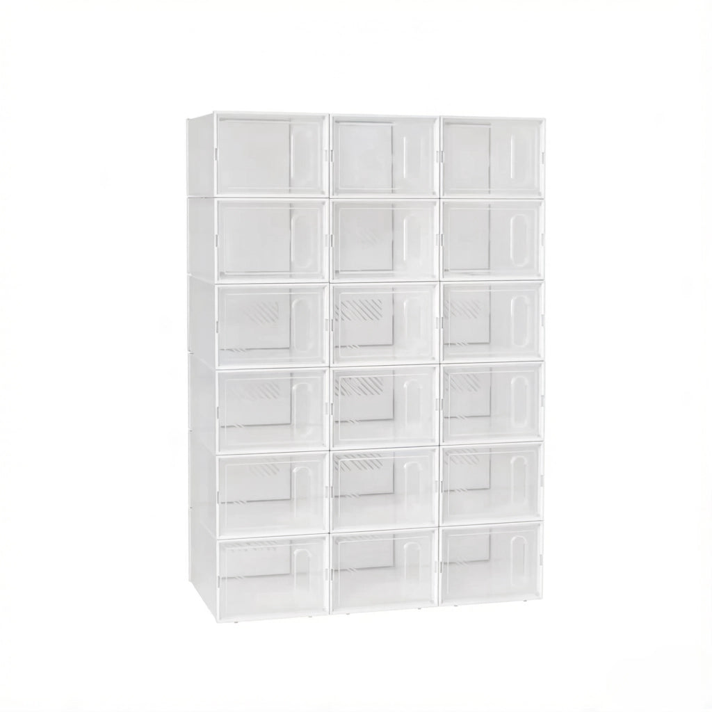 Set di 18 scatole porta scarpe impilabili in plastica trasparente e bianca, contenitori modulari salvaspazio con apertura frontale