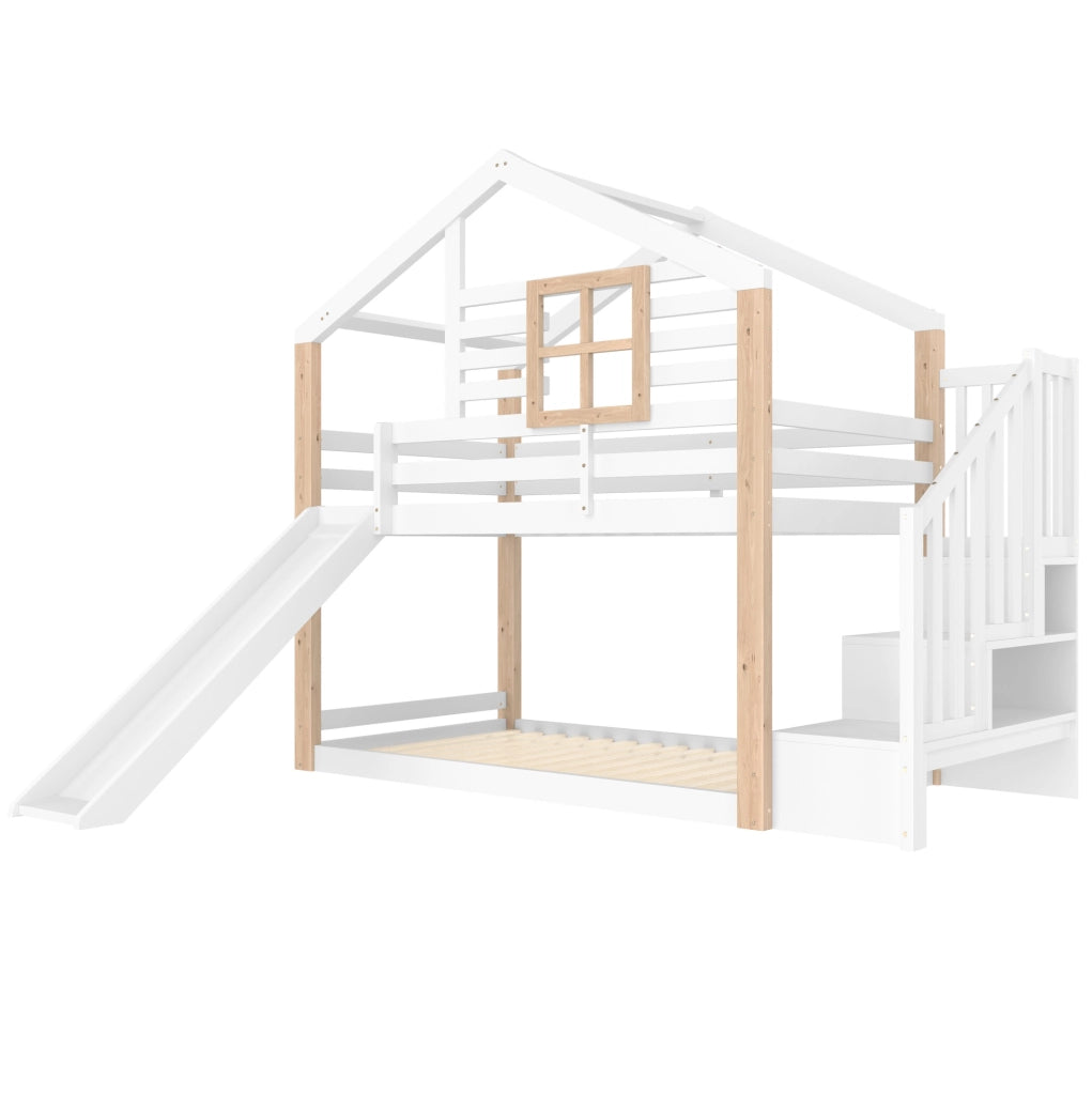 Letto a castello a casetta con scivolo e scala con vani contenitore 90x200 cm in legno; bianco