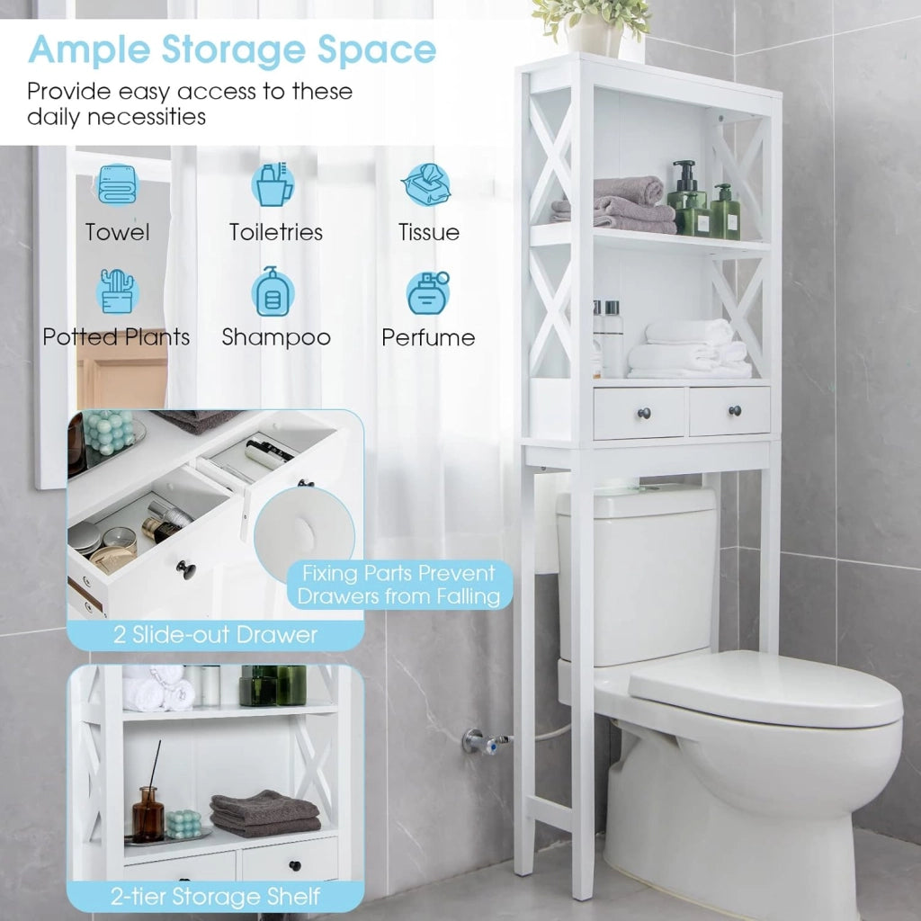 Scaffale per WC, in legno, per lavatrice, salvaspazio, sottile, 2 cassetti e 2 ripiani, colore: bianco