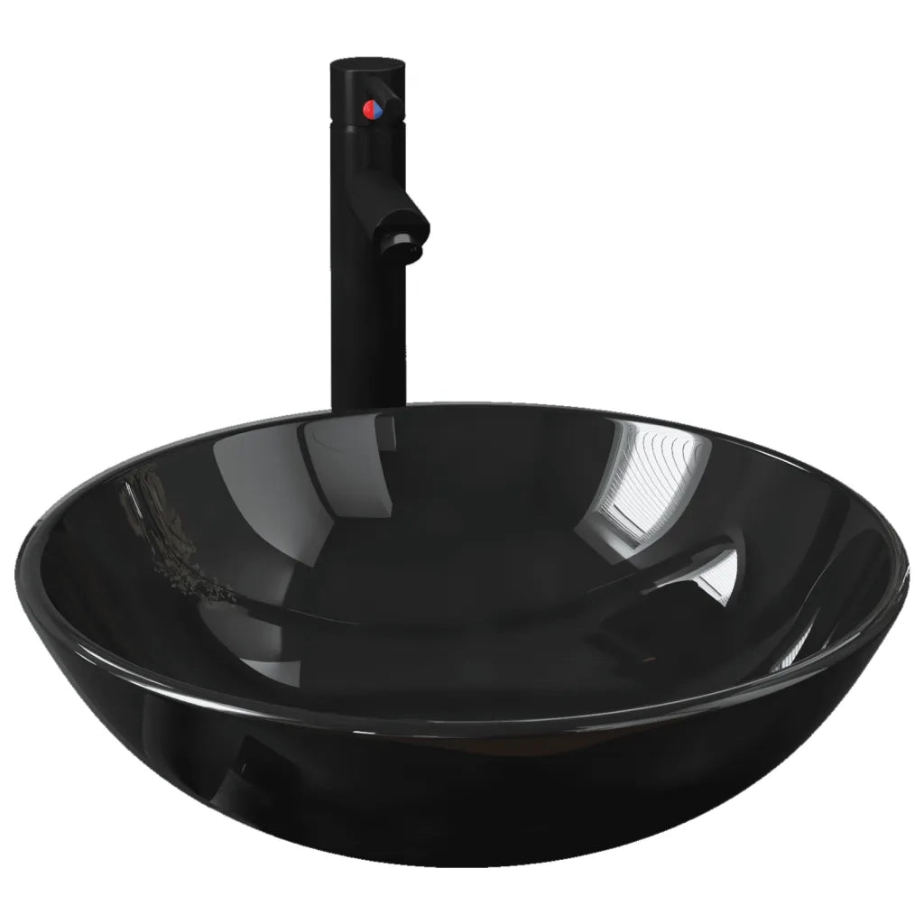 Lavandino Bagno con Rubinetto e Piletta in Vetro Temperato Nero 3098450