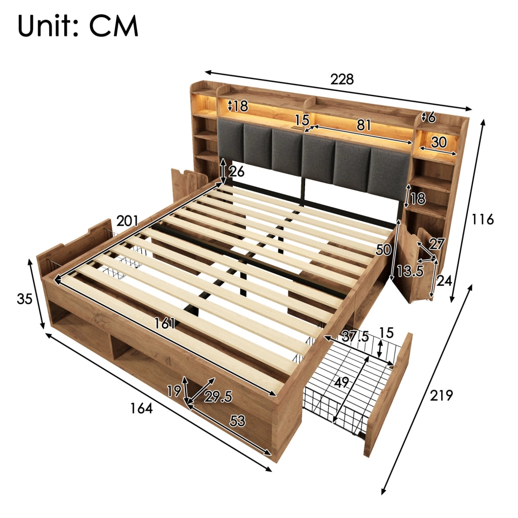 Letto matrimoniale 160x200 cm effetto rovere con LED; porte USB e USB-C; contenitore