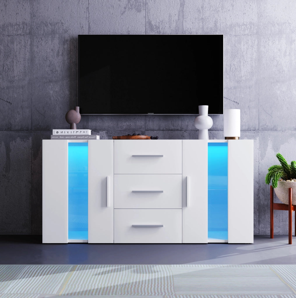 Mobile TV ULEVR 140x35x70 cm con LED USB, 3 cassetti e 2 vani con ripiani removibili
