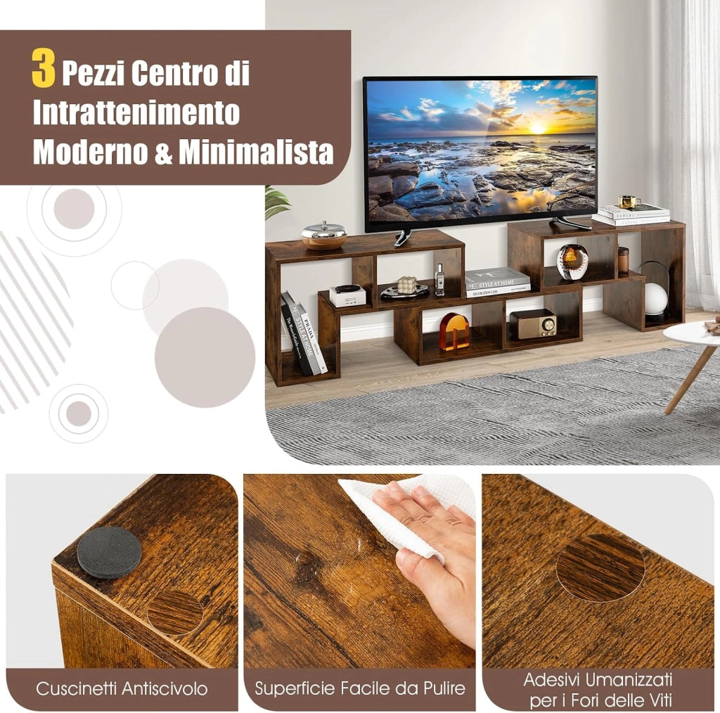 Mobile Porta TV Combinabile con Ripiani Aperti, per TV Fino a 65 Pollici, Mobile TV di Legno per Camera da Letto, Soggiorno, Capacità di Carico Massima 80 kg, 134-180 x 30 x 43 cm (Marrone)