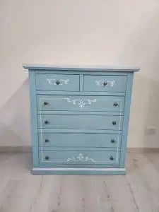 cassettiera cinquino in legno Shabby chic azzurro anticato decorato provenzale 4 + 2 larga