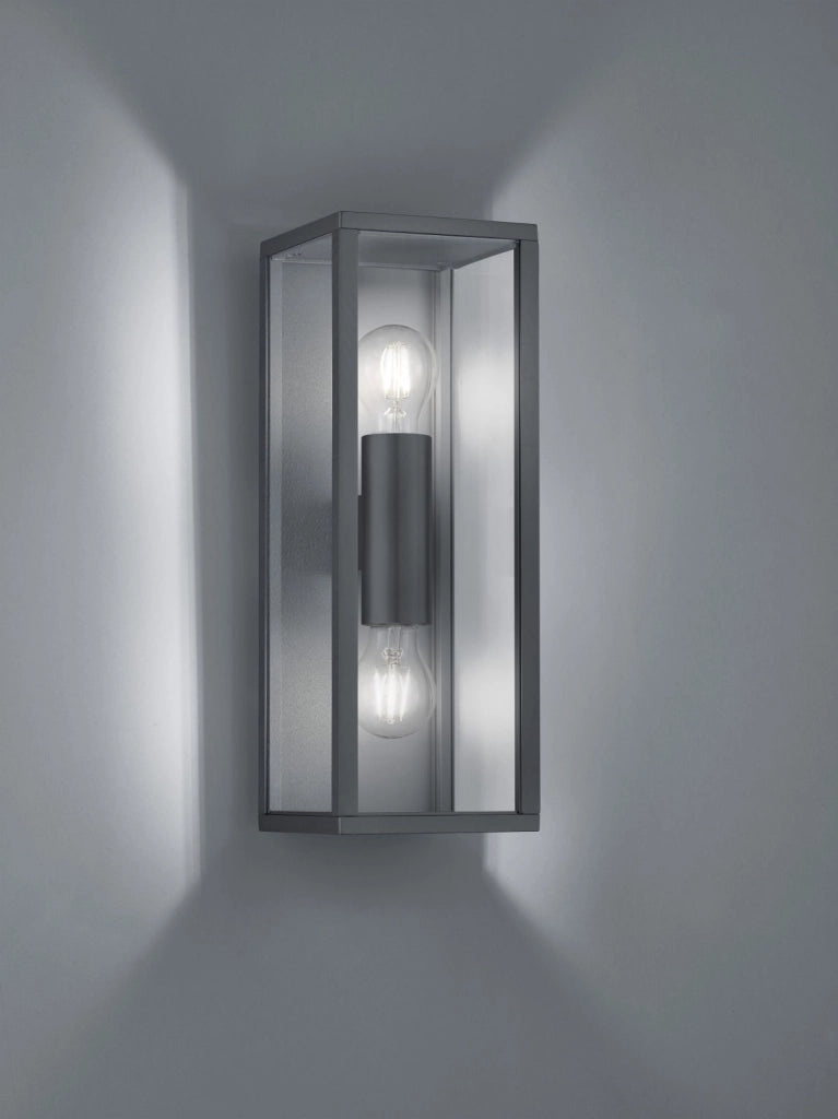 GARONNE APPLIQUE DA ESTERNO DOPPIA LAMPADINA FUSIONE DI ALLUMINIO ANTRACITE E VETRO TRASPARENTE IP44 H.40CM 2 LUCI ATTACCO E27