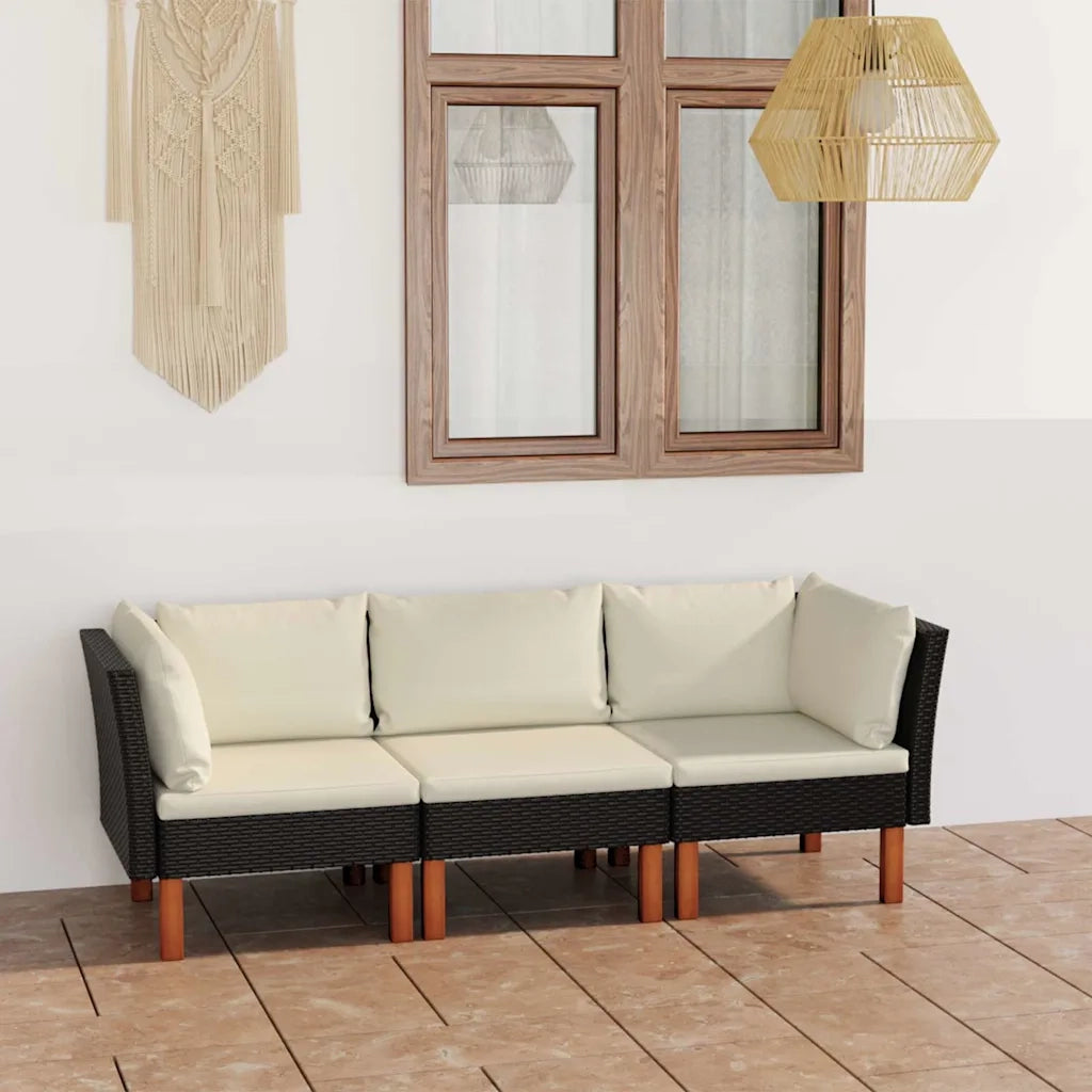 Divano da Giardino a 3 Posti con Cuscini-Sofa da Giardino-Divano da esterno Nero in Polyrattan 192759