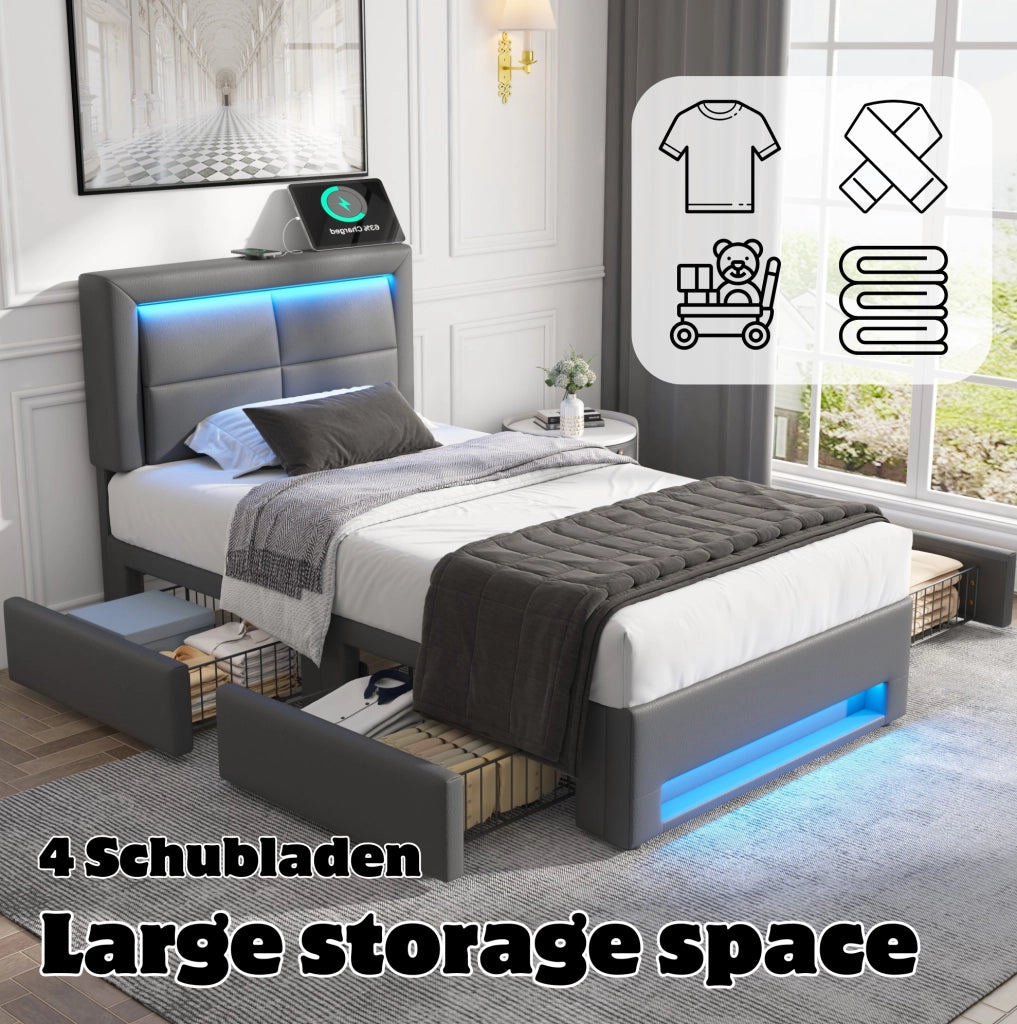 Letto imbottito 90x190 cm con LED, USB e 4 cassetti
