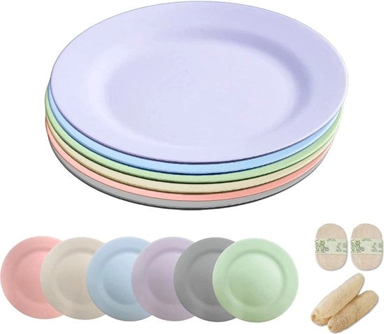 Set di piatti in plastica da 25 cm, 6 pezzi, piatti riutilizzabili con spazzole per il lavaggio a luffa, piatti per il cibo, magnetron resistenti, lavastoviglie resistenti, BPA liberi, per feste, campeggio, BBQ/pizza