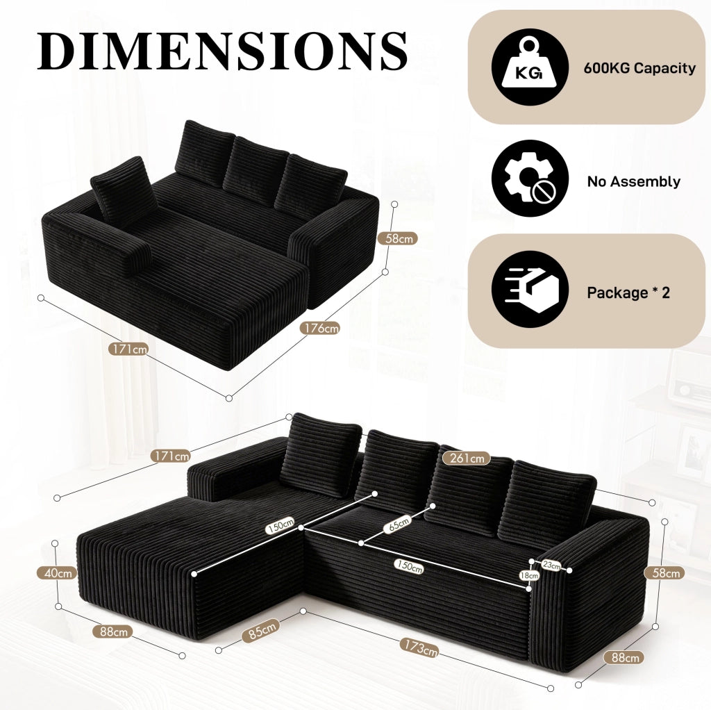 Divano modulare componibile a L con chaise longue reversibile; in velluto a coste nero