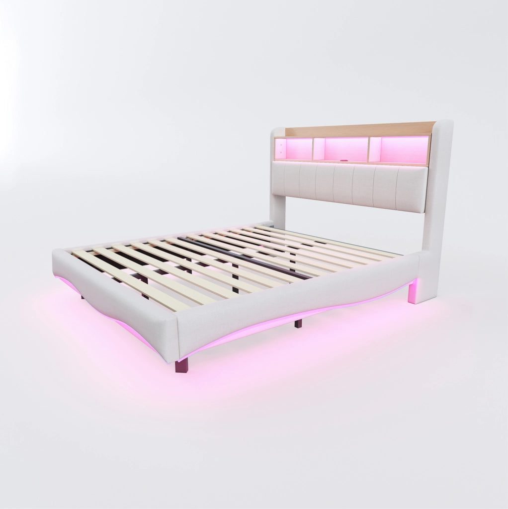 Letto imbottito 140x200 con LED, USB-C, contenitore testata beige