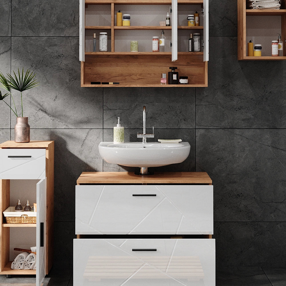 Vicco Set di mobili da bagno Bianco lucido/oro power oak 4 parti
