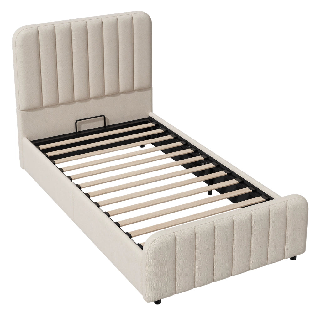 Letto singolo imbottito 90x200 cm con sollevamento idraulico, rete a doghe, testiera trapuntata e vano contenitore, beige