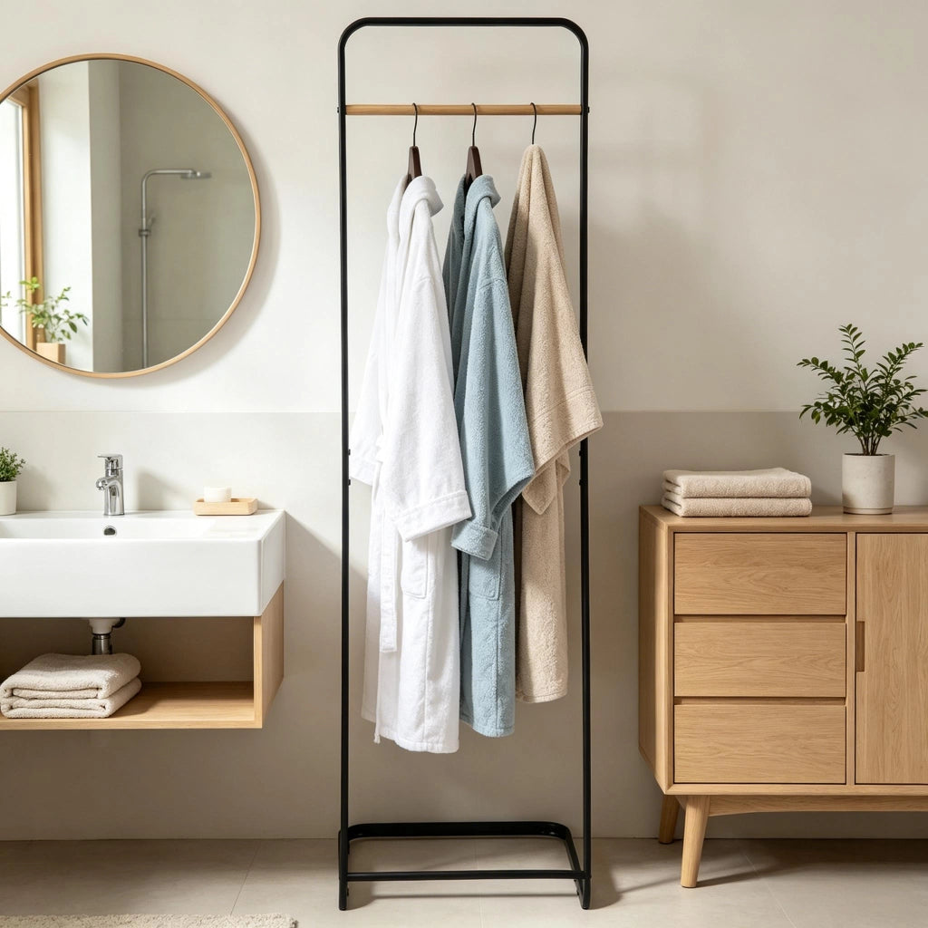 Appendiabiti moderno da terra in metallo, struttura salvaspazio con barra porta abiti, colore nero