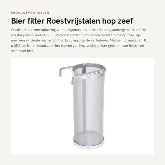 Filtro per birra 300 micron - Acciaio inossidabile - Filtro per birra artigianale - Set di filtrazione per luppolo - Con gancio - Dimensioni 10 x 25,5 cm - Filtro per luppolo