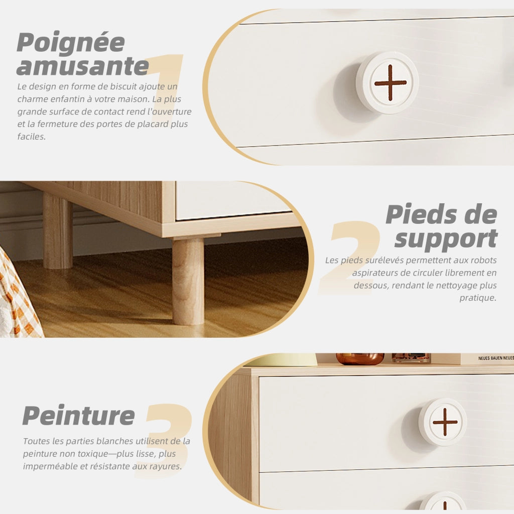 Comò con 4 cassetti e design a contrasto, per camera da letto e soggiorno, in MDF, bianco naturale, 80 × 54 × 90 cm
