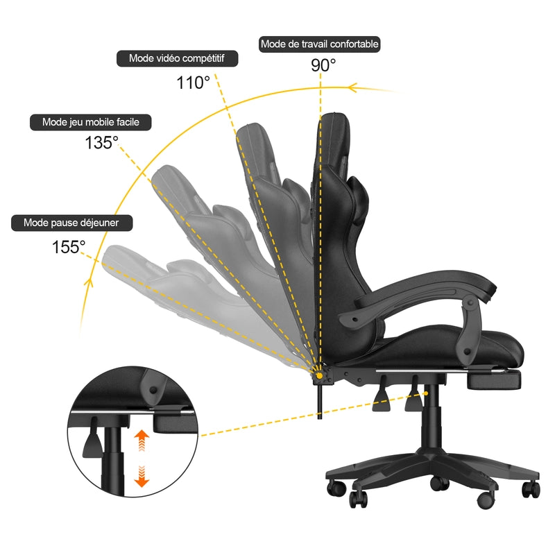 Sedia da gioco, sedia da gioco ergonomica  in similpelle, altezza regolabile, con poggiatesta e supporto lombare, poggiapiedi, nera