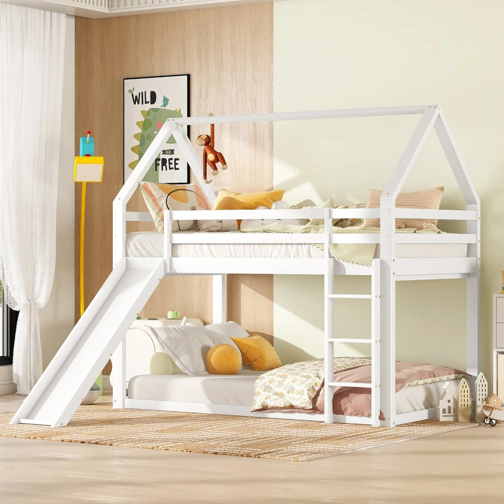 Letto a castello casa con scivolo pino bianco 90x200 cm