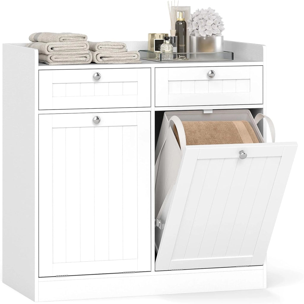 Mobiletto per Biancheria con 2 Cesti Ribaltabili, Mobile da Bagno Indipendente con Ripiano, 2 Cassetti e 2 Sacchi Porta Biancheria Rimovibili, Armadietto in Legno per Bucato (79 x 40 x 80 cm)