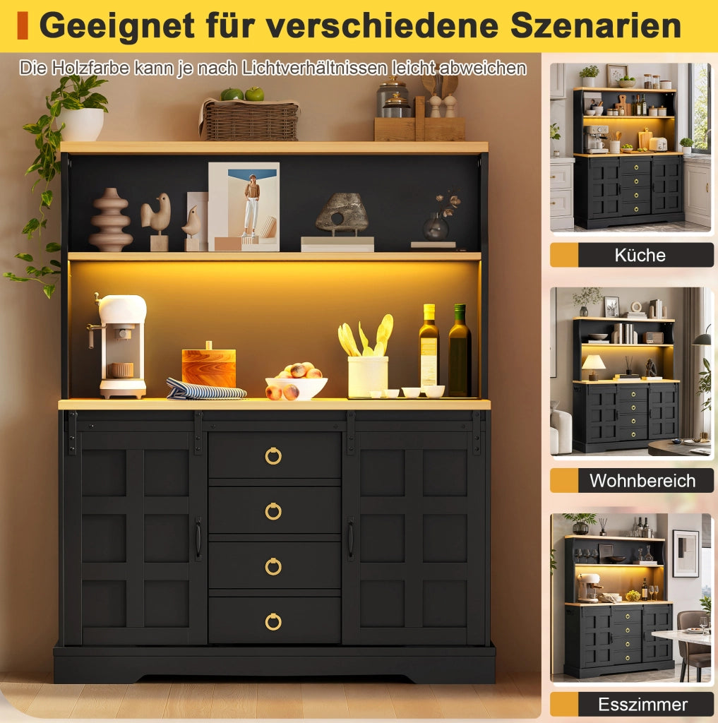 Credenza da cucina LED RGB con prese USB e 4 cassetti, nera