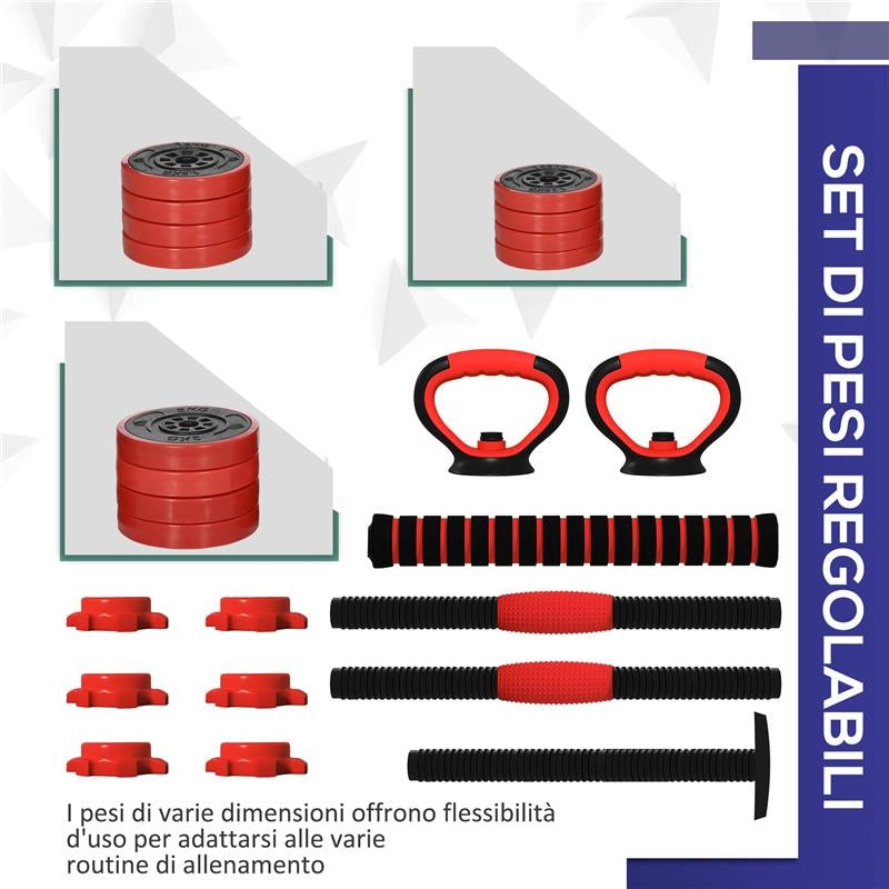 SET PESI DA PALESTRA 4 IN 1 DA 20KG CONVERTIBILE IN KETTLEBELL 2 MANUBRI BILANCIERE E SUPPORTO FLESSIONI ROSSO