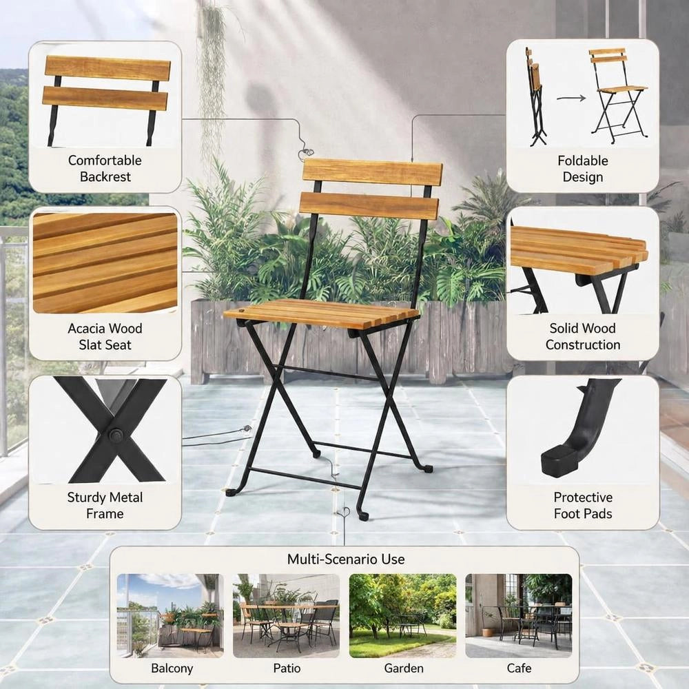 Folding Bistro Chairs, Set Of 4, Made Of Solid Acacia Wood