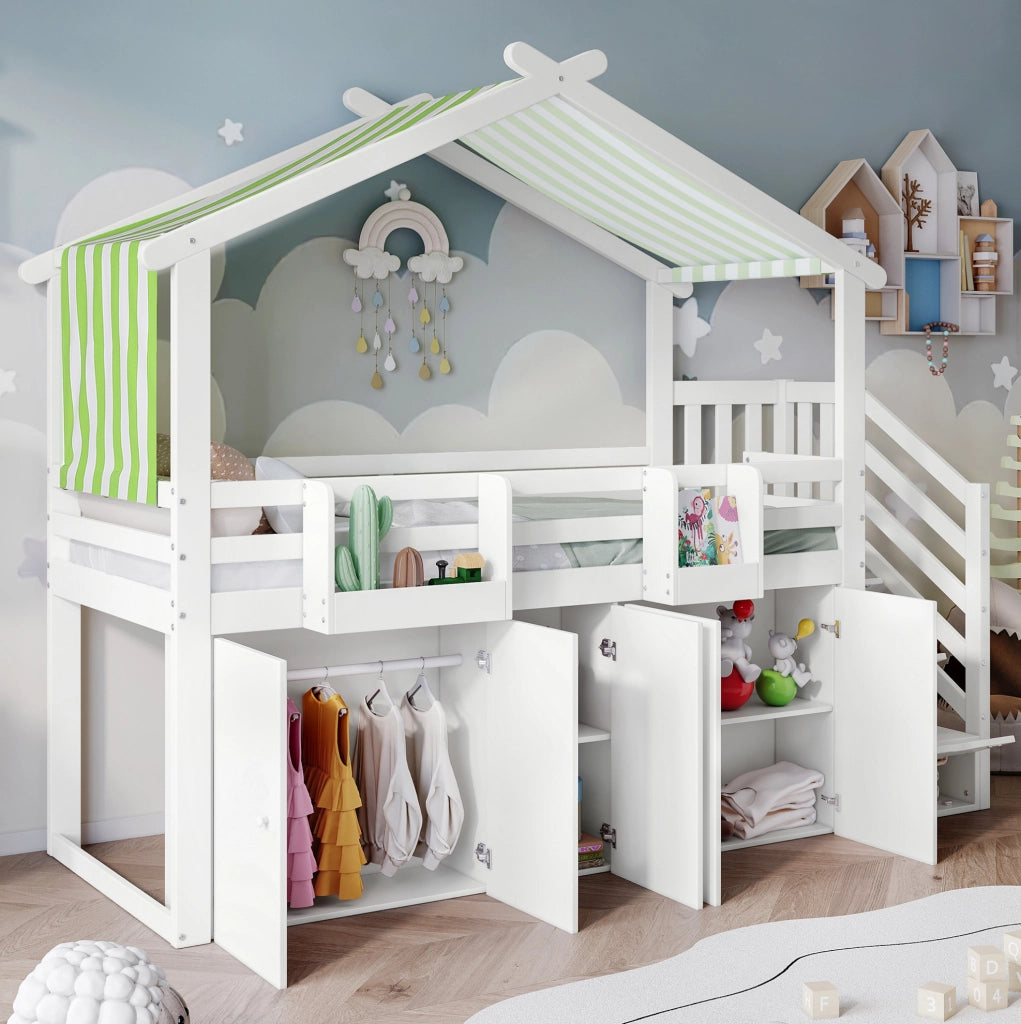Letto a castello per bambini 90x200 cm con scala contenitore; armadio e vani portaoggetti; bianco e verde