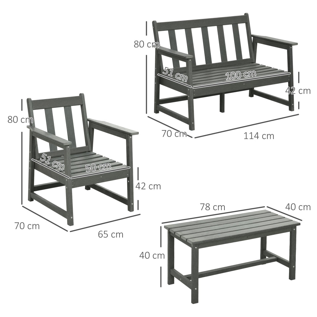 Set Salotto da Giardino Divano 2 Poltrone e Tavolino in HDPE con Cuscini Grigio Scuro