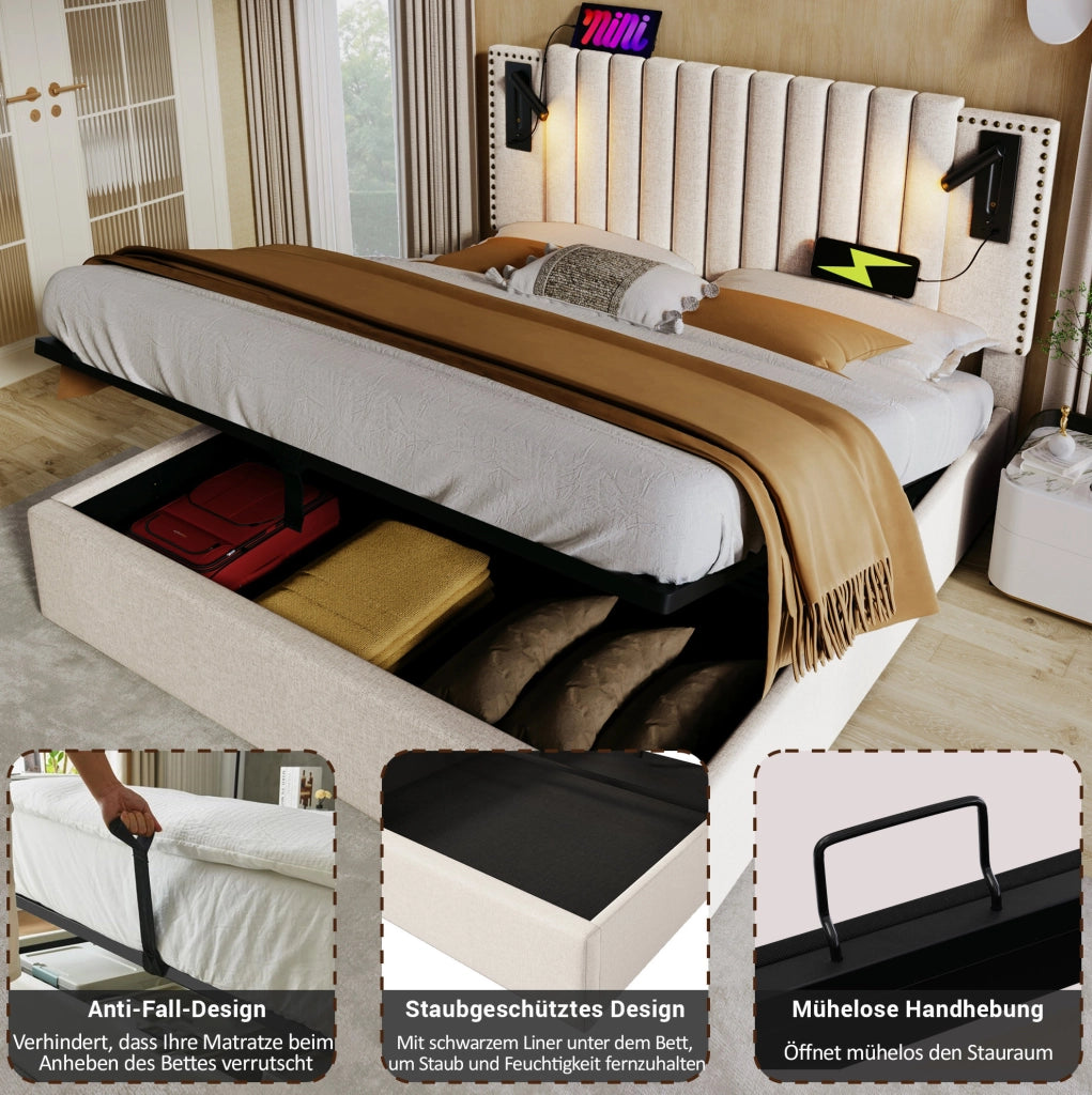 Letto matrimoniale contenitore 180x200 cm beige con luce da lettura; USB e Type-C