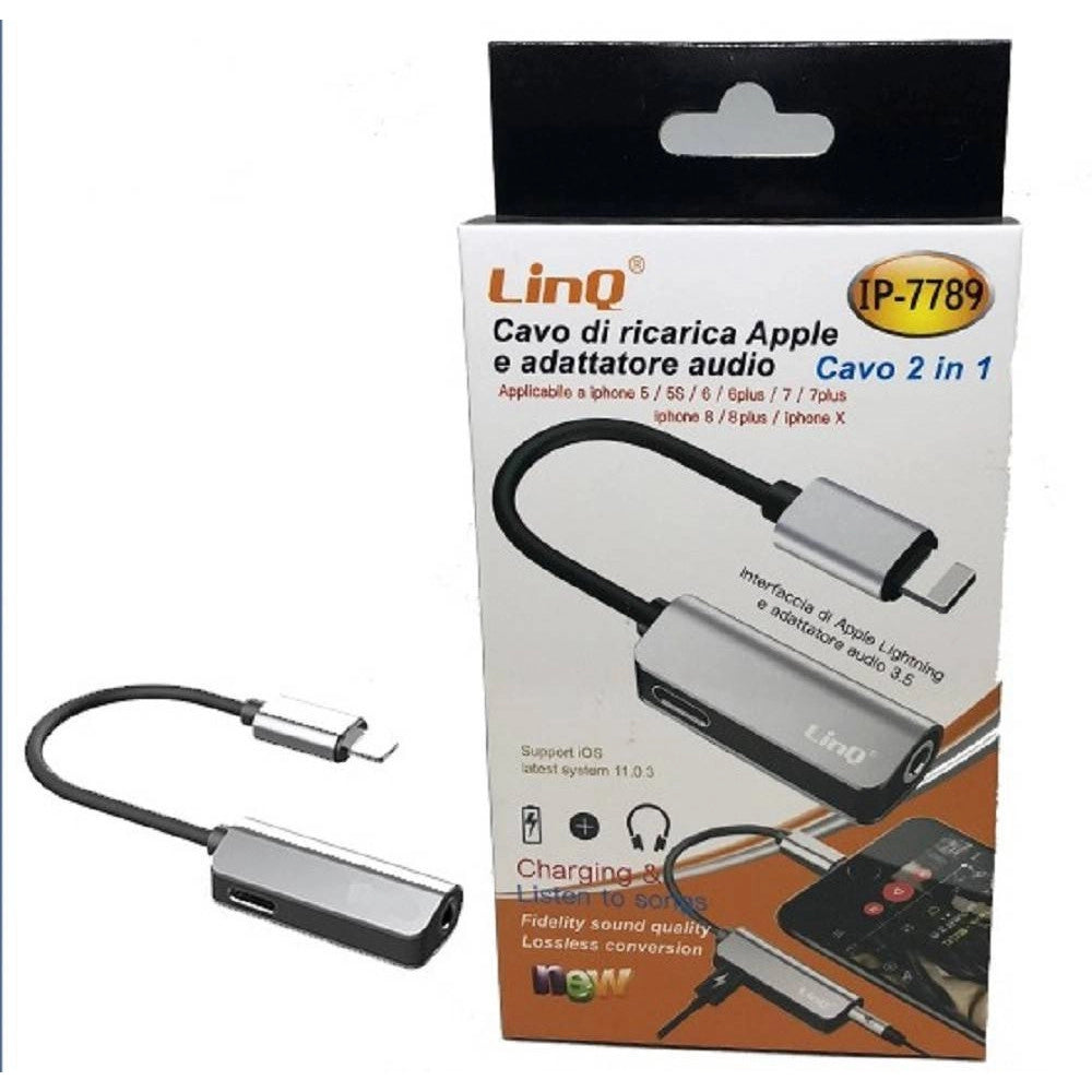 Trade Shop - Cavo Ricarica Adattatore Audio 2 In 1 Lightning Cuffie Jack 3,5mm Iphone Ip-7789 -