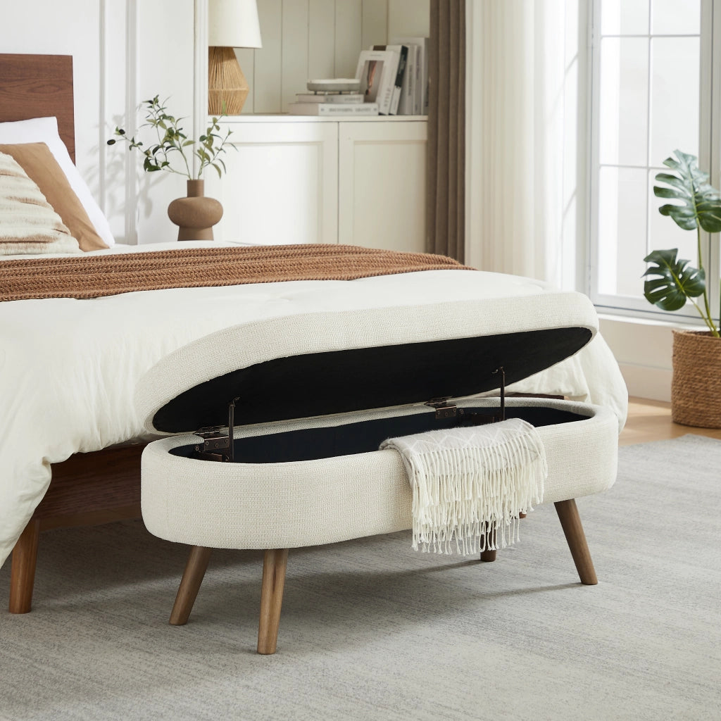 Panca contenitore ovale con vano ventilato e piedini antiscivolo, per ingresso e camera, in ciniglia beige