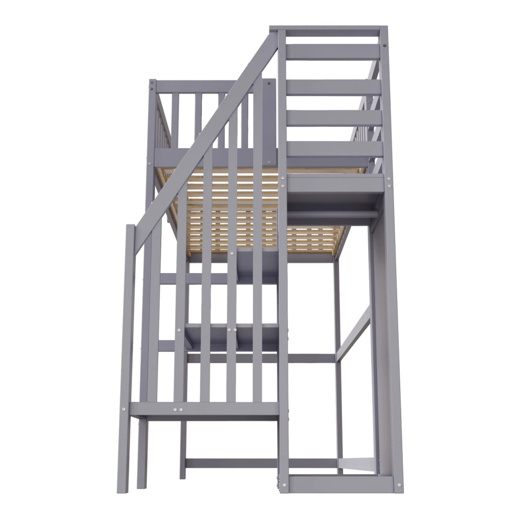 Letto a soppalco per bambini 90x200 cm con scala e armadio in grigio