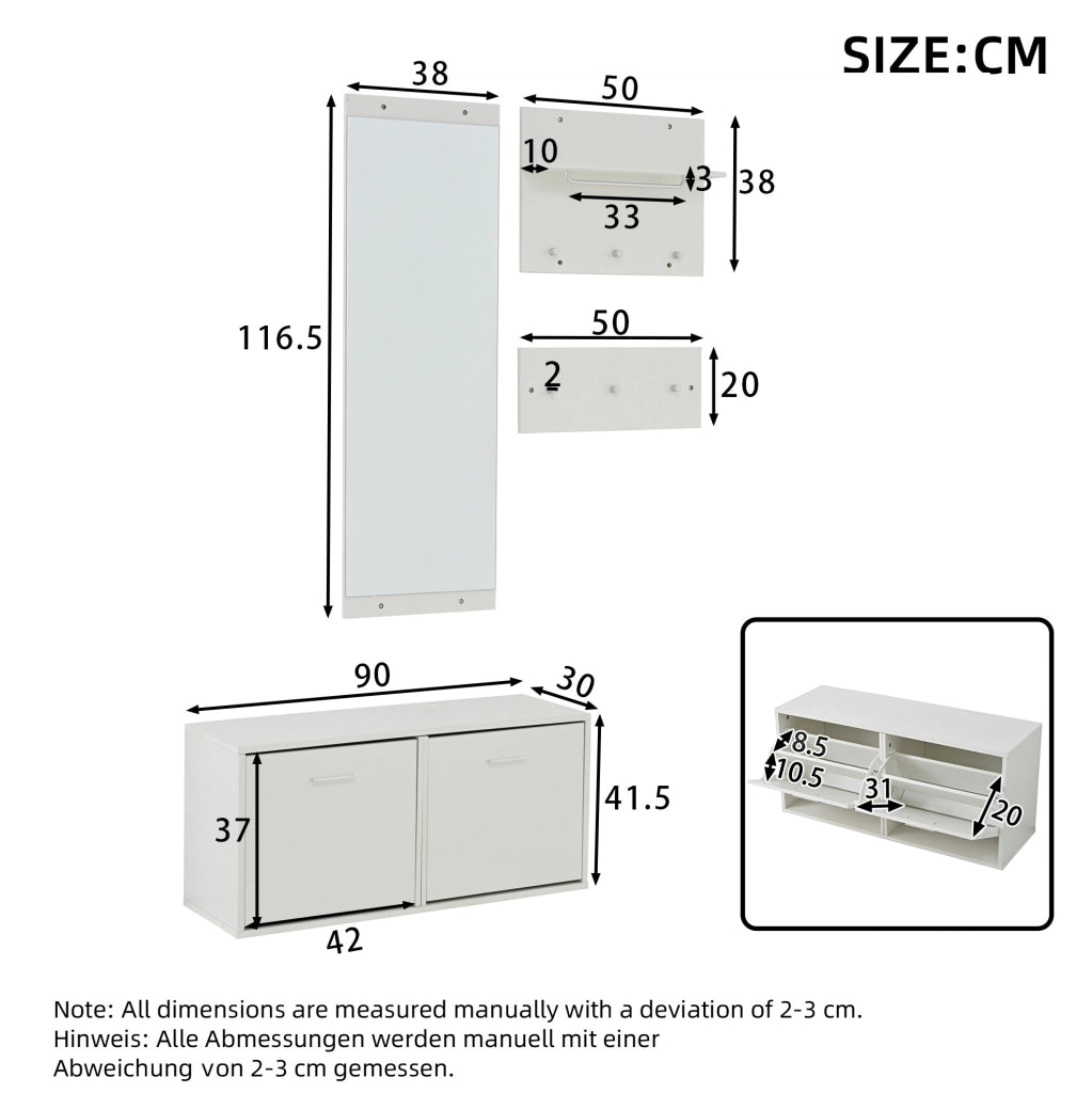 Set da ingresso 4 pezzi con mobile portascarpe 90x30x41,5 cm, specchio, pannelli da parete e 6 ganci, bianco